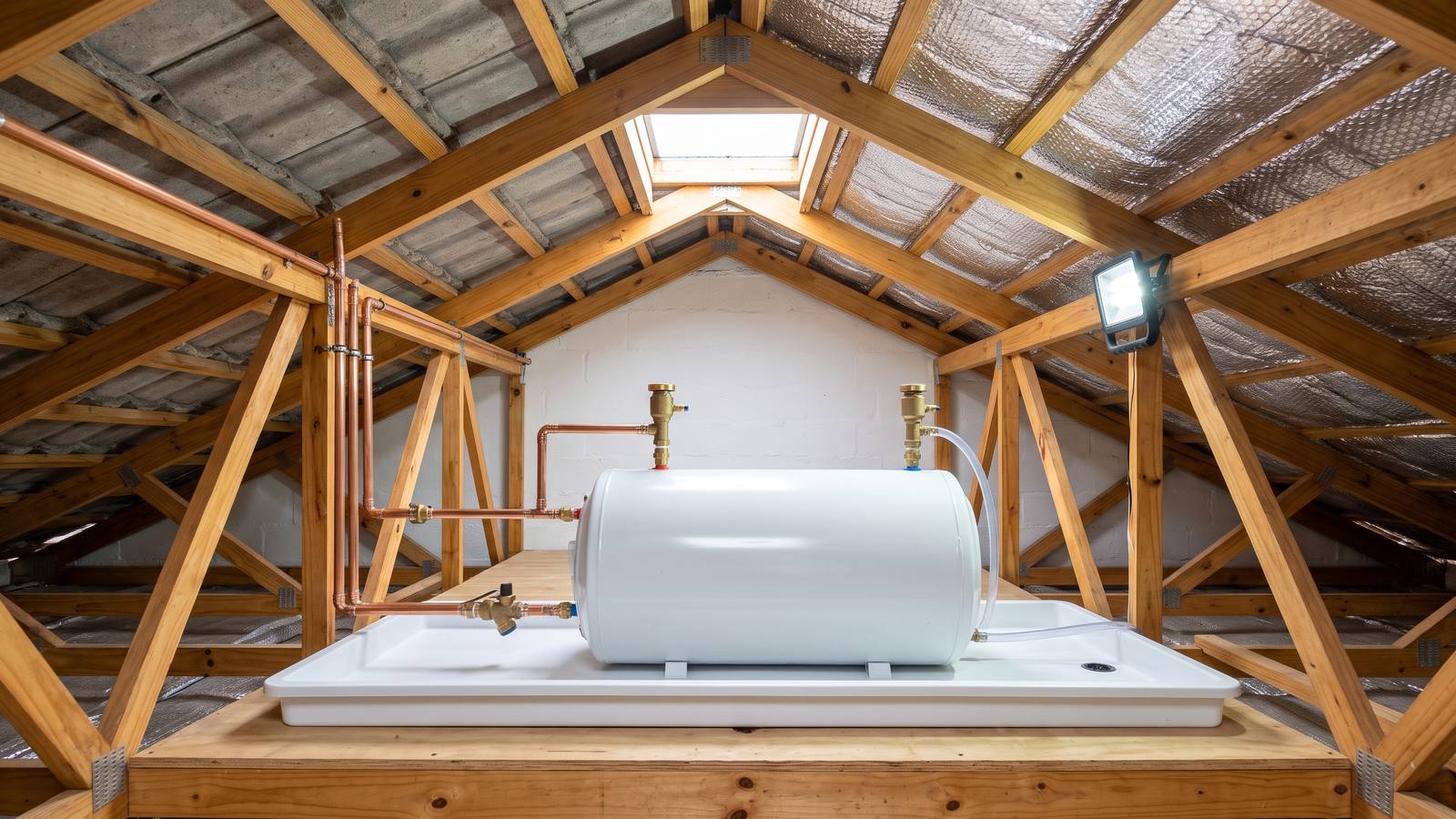 Electric geyser and drip tray beneath roof timbers.