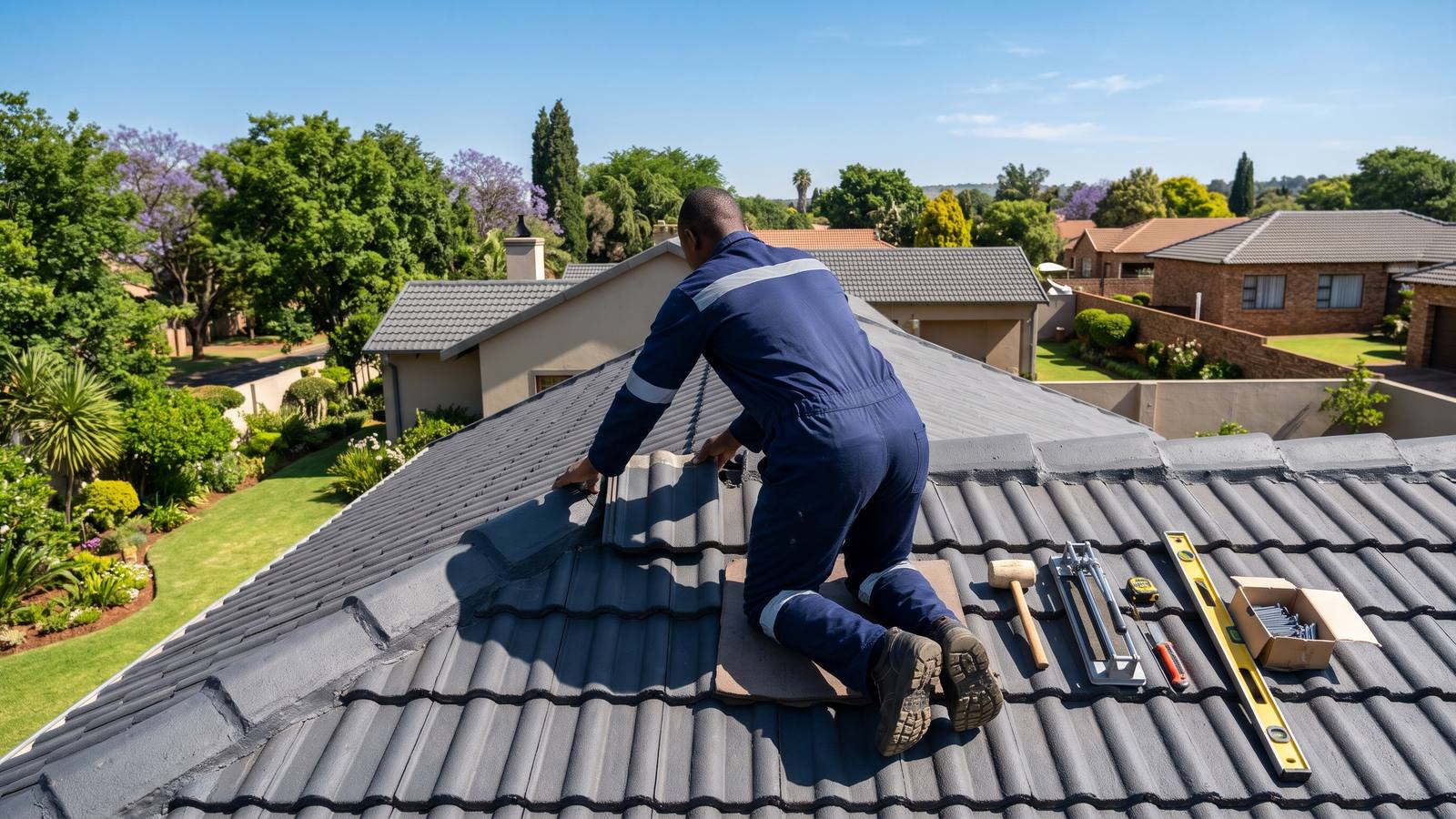 Roofer in navy overalls, seen from behind, fitting a replacement concrete tile beside a ridge line on a Pretoria house, a typical roof repair.