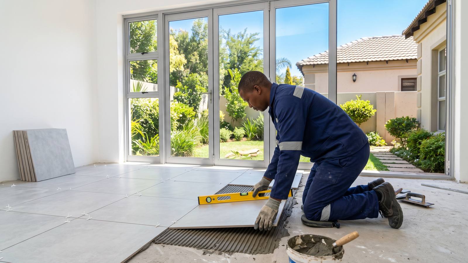Tiler in navy overalls, side-on to the camera, levelling a large-format porcelain floor tile with spacers in a bright empty room, tiling priced per square metre.